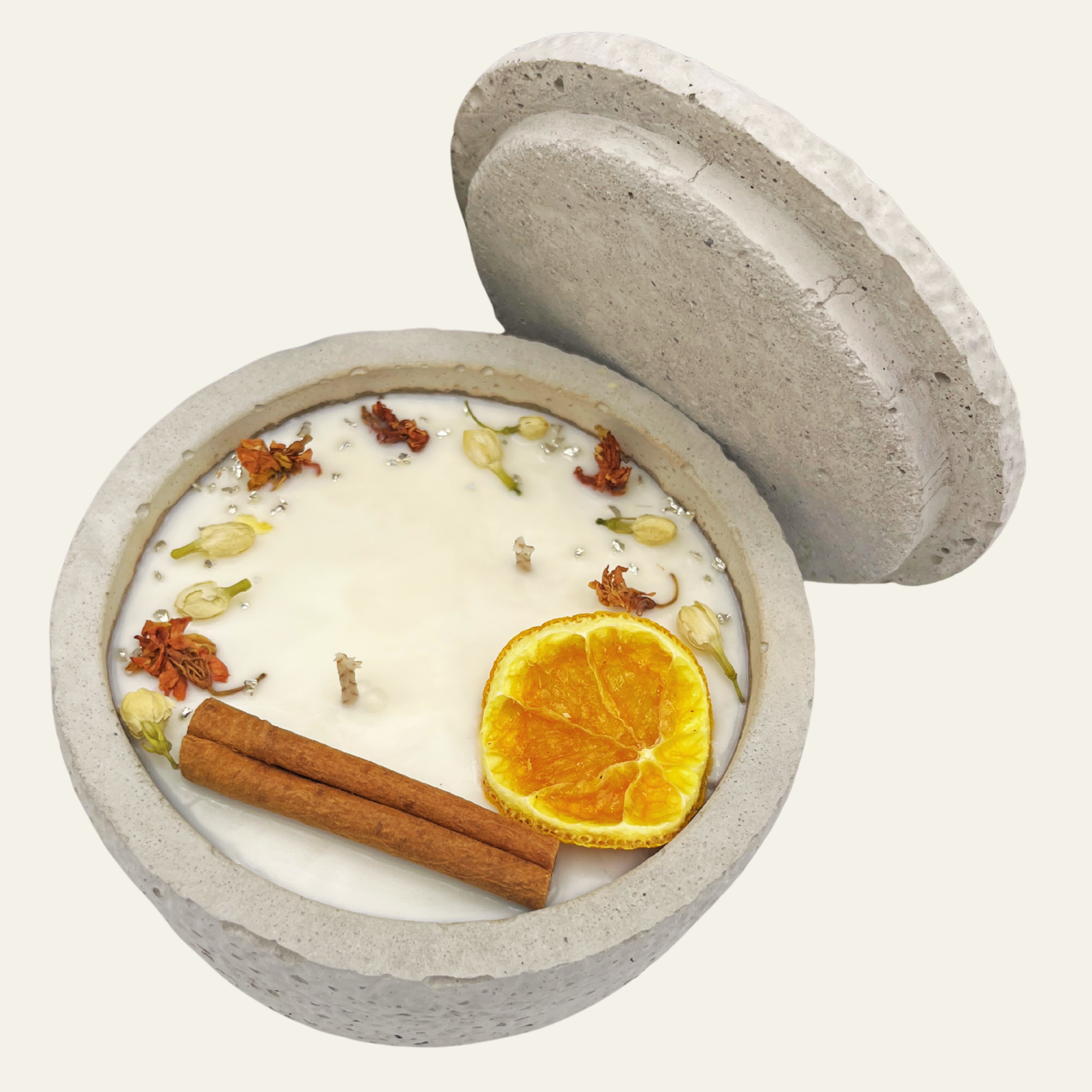 Zwei Docht Betonkerze Betongrau „Grey Orange“ für Herbst und Winter - Stilvolle Aroma Sojawachskerze für Ihr Zuhause. Mit Blütenverzierung und HOCHWERTIGEM Baumwolldocht aus dem Südschwarzwald